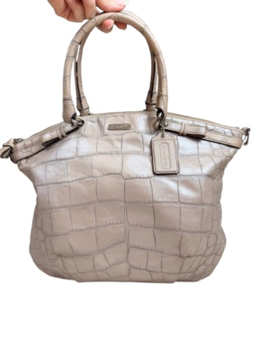 Coach Madison Sophia F23042 Embossed Croc Leather Satchel Taupe Pink Lining